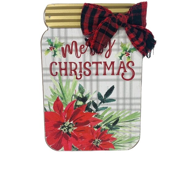 Merry Christmas Mason Jar Wood Sign Rustic Farmhouse Plaid Bow Holiday Decor - Picture 2 of 10